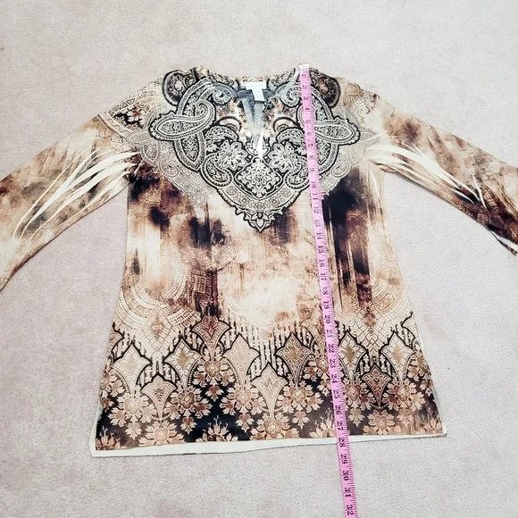 Chico's (1) Womans Tunic Top Jeweled/Beaded Brown Paisley Made In USA Size Small - Picture 11 of 13